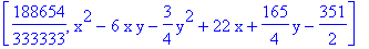 [188654/333333, x^2-6*x*y-3/4*y^2+22*x+165/4*y-351/2]